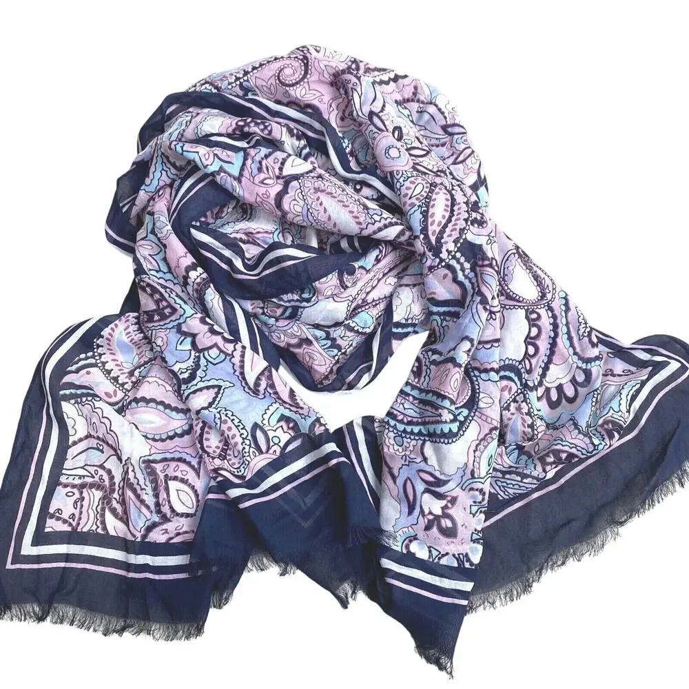 Cotton rayon blend scarf wrap shawl Boho pink & blue paisley preppy beachy chic